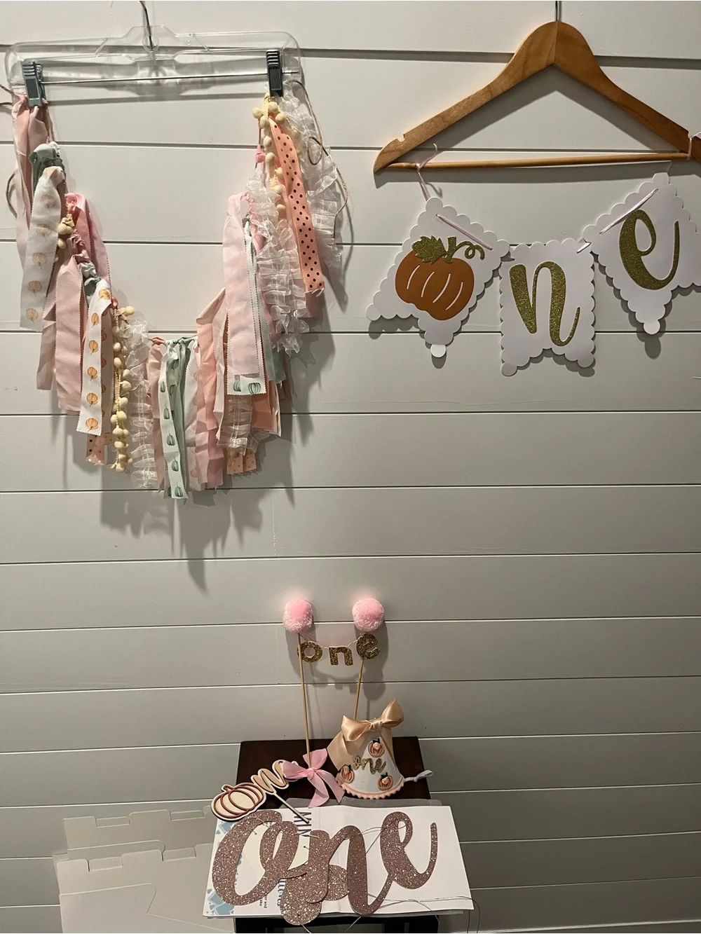 One First Birthday Party (Pumpkin Theme) Banner and Décor Set - Pink and Gold